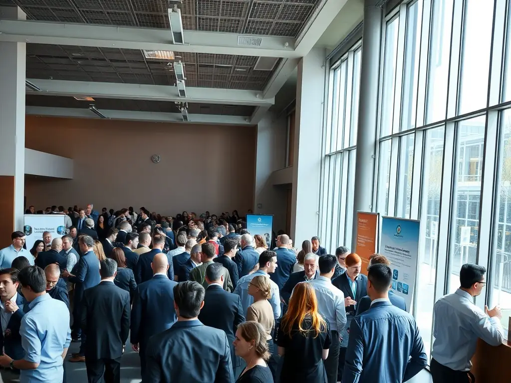A professional photograph showcasing a sponsor's logo prominently displayed at a birdcageflow.fun conference, with attendees networking in the background.