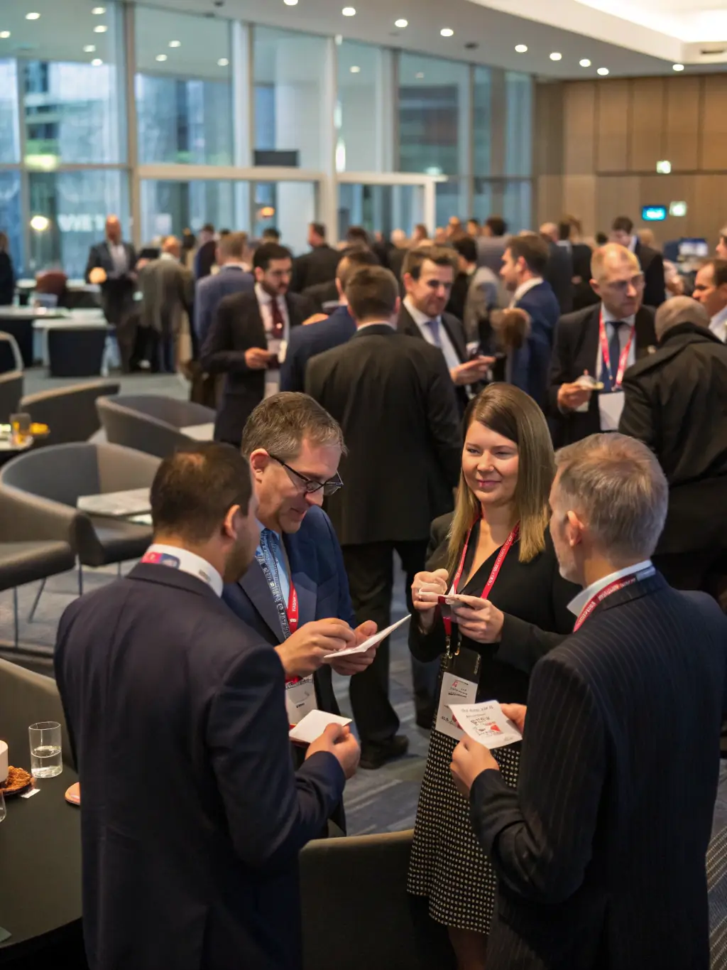 A professional photograph of a corporate gathering in Delhi, with executives networking during a coffee break.